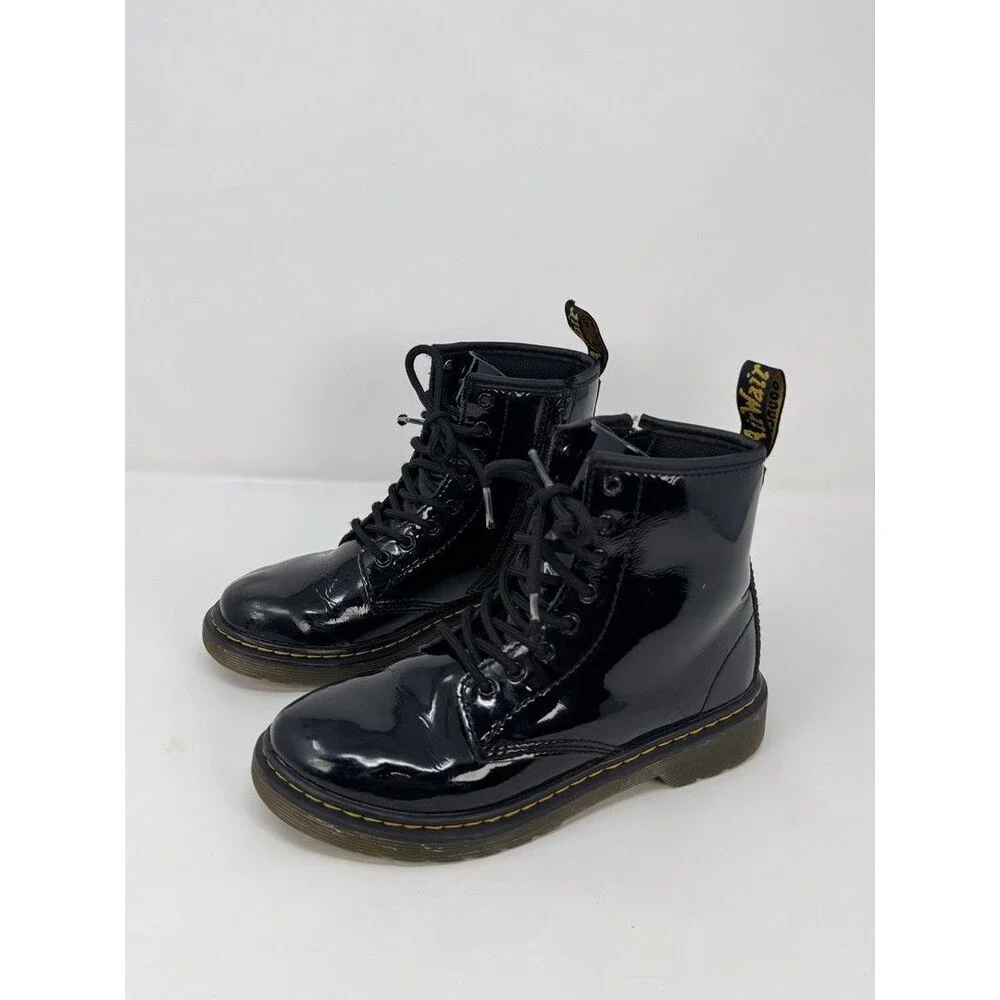 Dr Martens 1460 Juniors Combat Boots Black Patent Leather Lace Up Booties US 3